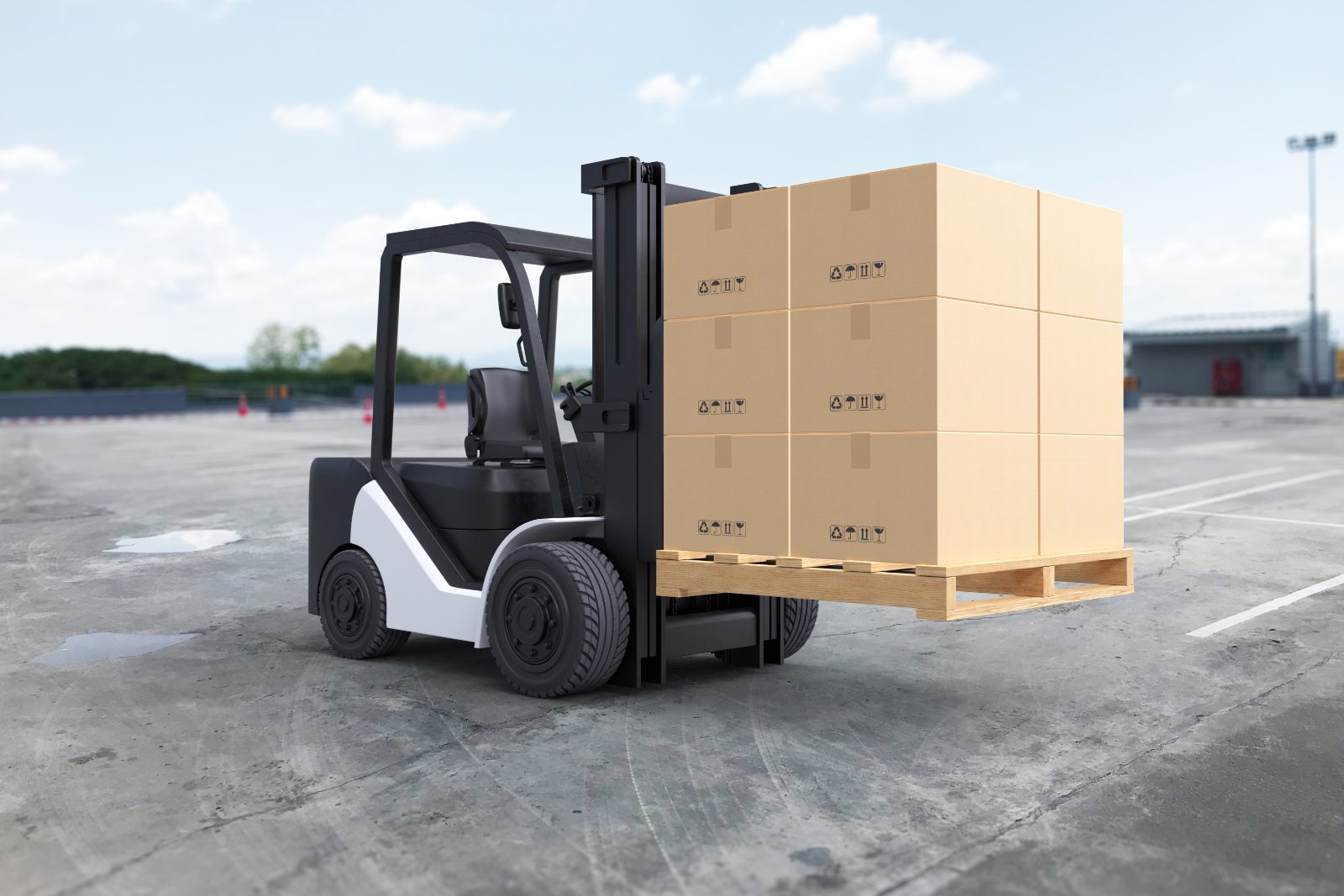 Chariot élévateur et palette de cartons prêts pour l'expédition depuis l'usine (EXW)